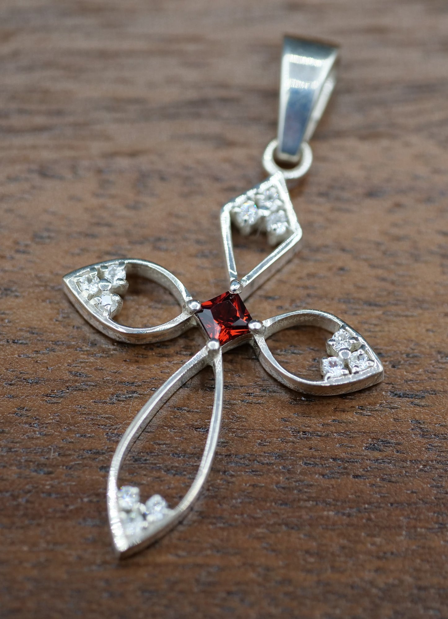 Silver and Gemstone Cross with Openwork Design