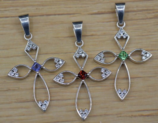 Silver and Gemstone Cross with Openwork Design