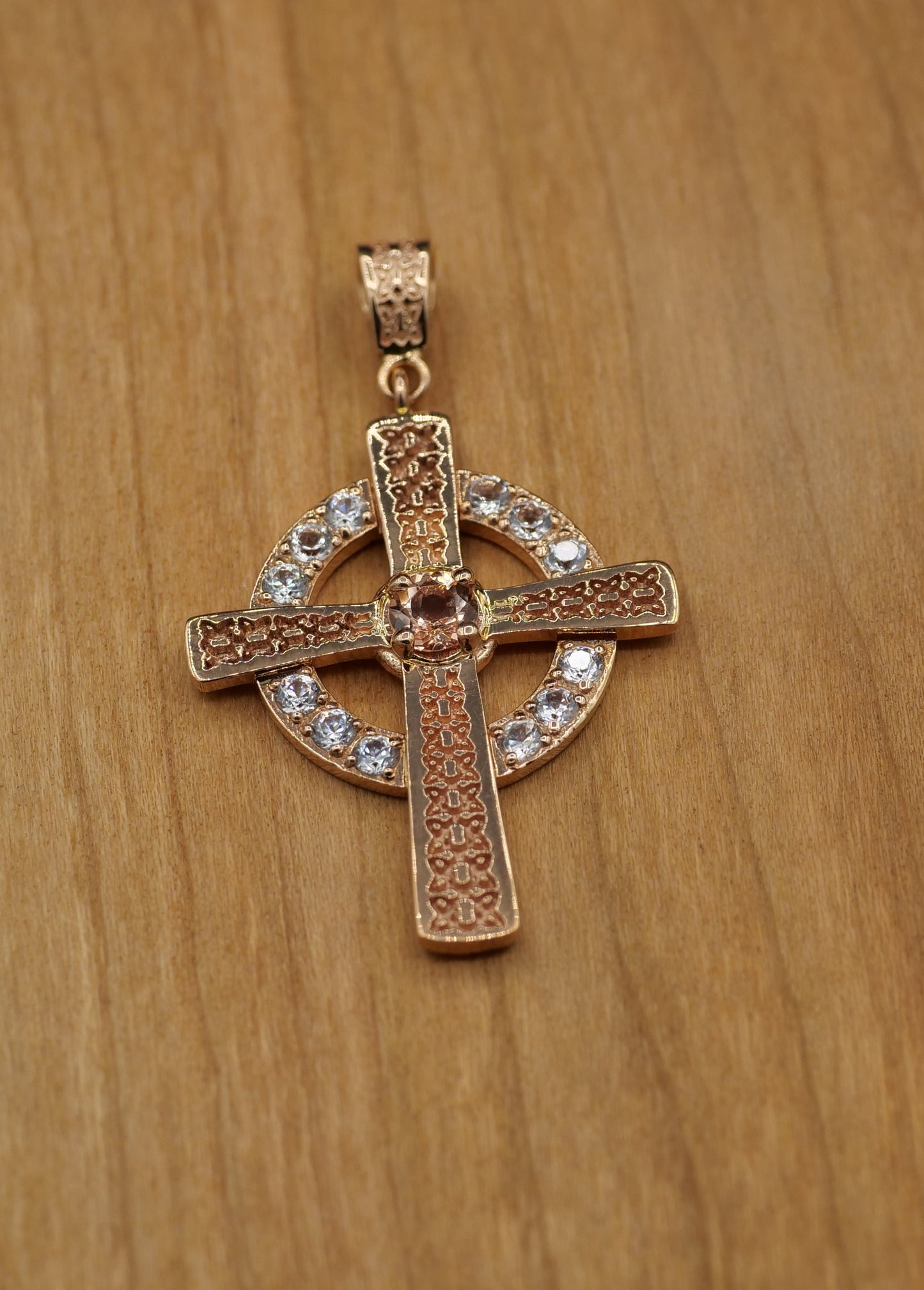 The Celtic Cross Pendant in Morganite and Zircon