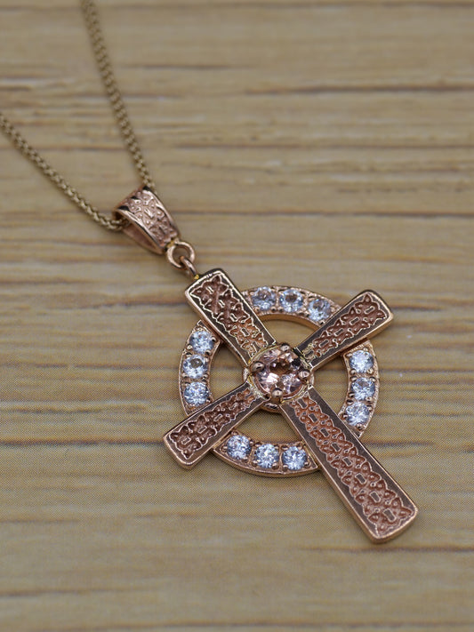 The Celtic Cross Pendant in Morganite and Zircon