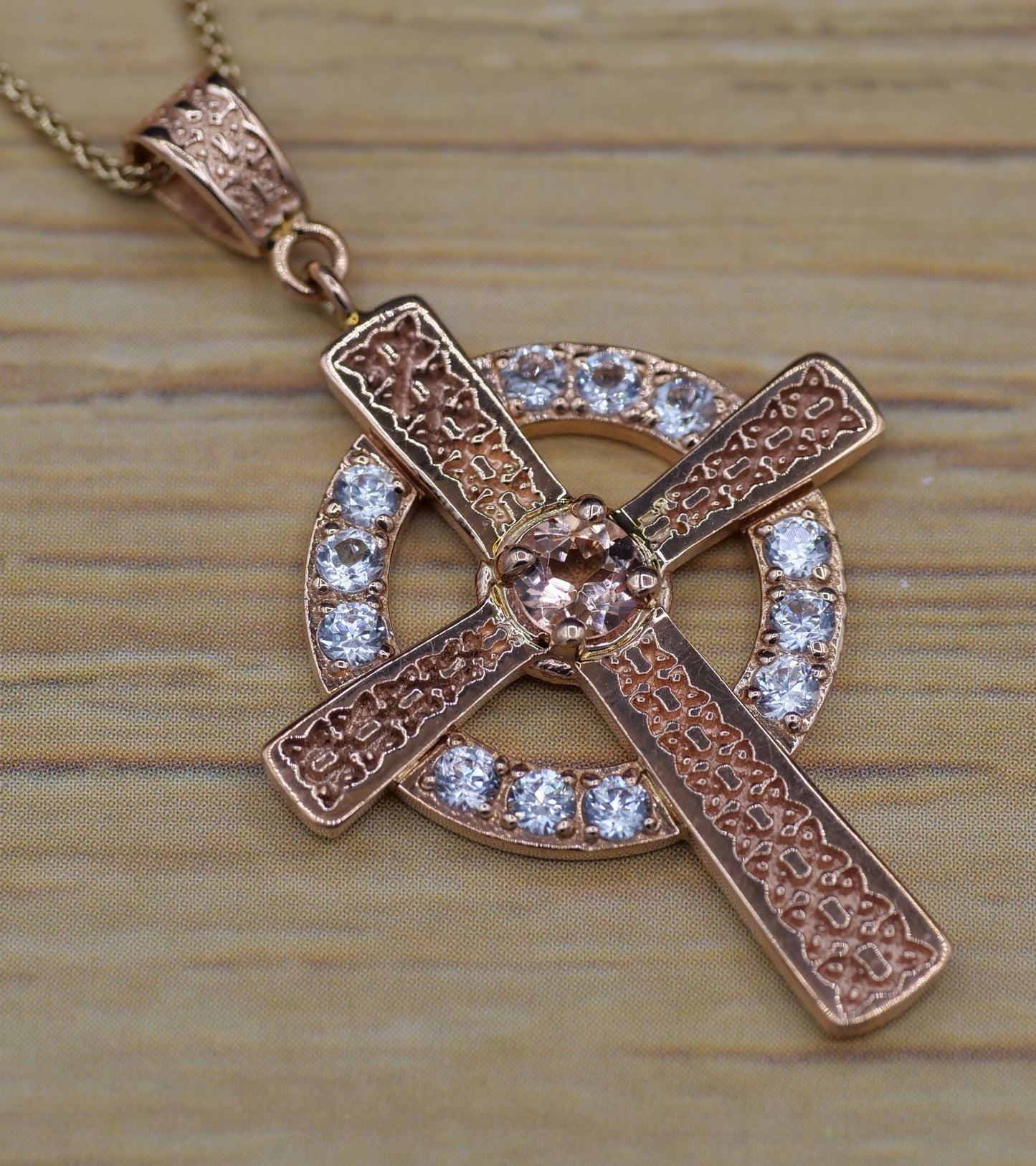 The Celtic Cross Pendant in Morganite and Zircon