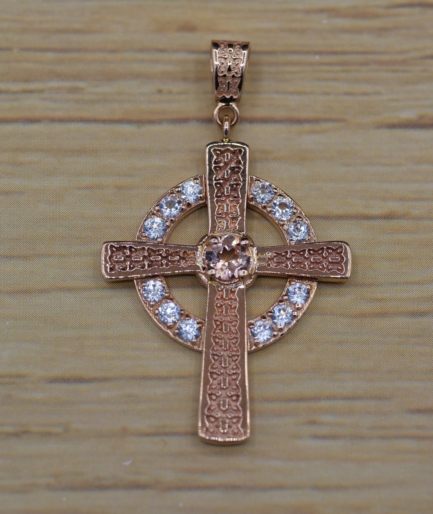 The Celtic Cross Pendant in Morganite and Zircon